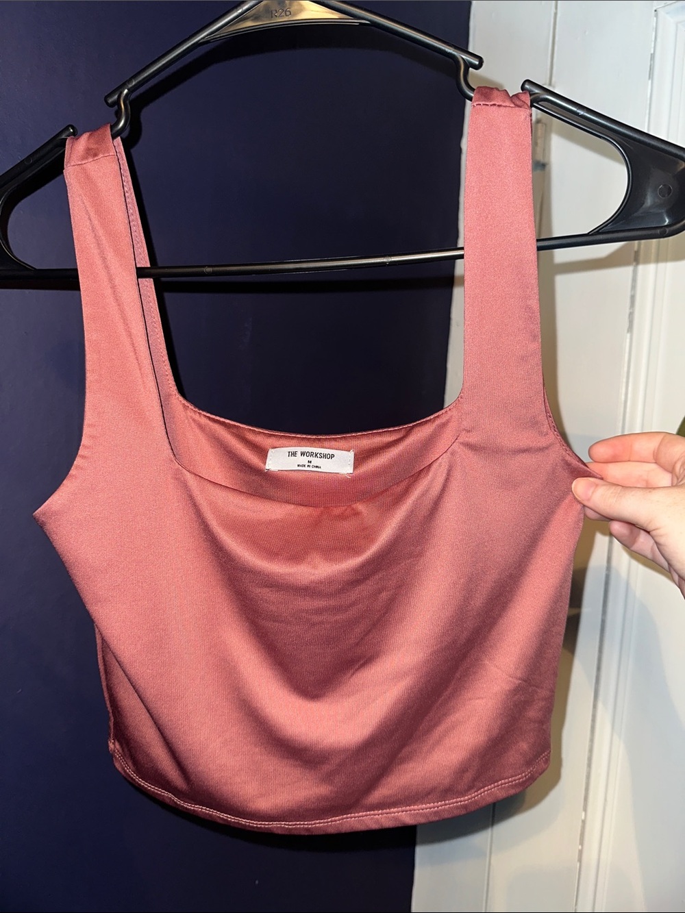 Workshop Republic Clothing Satin Square-Neck Crop Tank in Dusty Rose